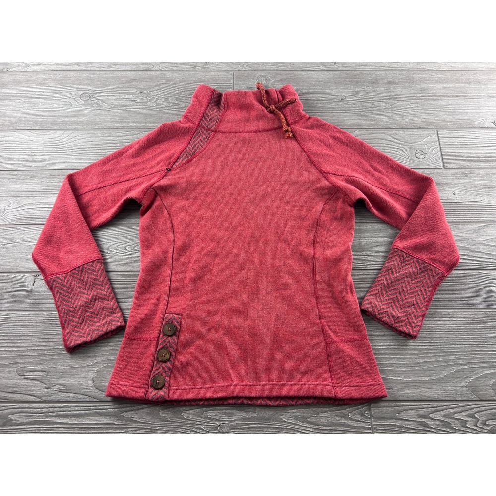 Prana Womens Red Herringbone Funnel Neck Fleece Pullover Sweater Size S